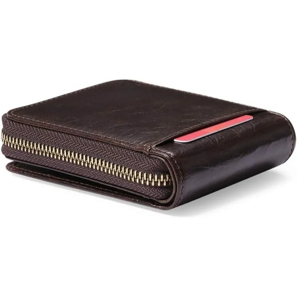Men's A-Brown Wallets Genuine Leather Front Around Zip Pocket Credit Card